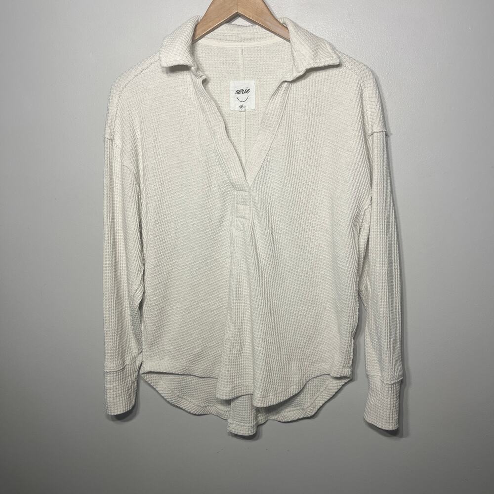 Aerie Waffle Knit Cream Oversized Pullover Tunic Top Lounge Comfy Travel XXS